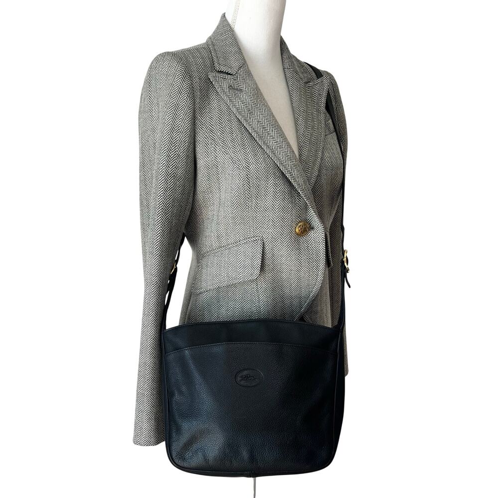Longchamp Le Foulonne Black Pebbled Leather Vintage Crossbody Bag Y2K France - Picture 4 of 9